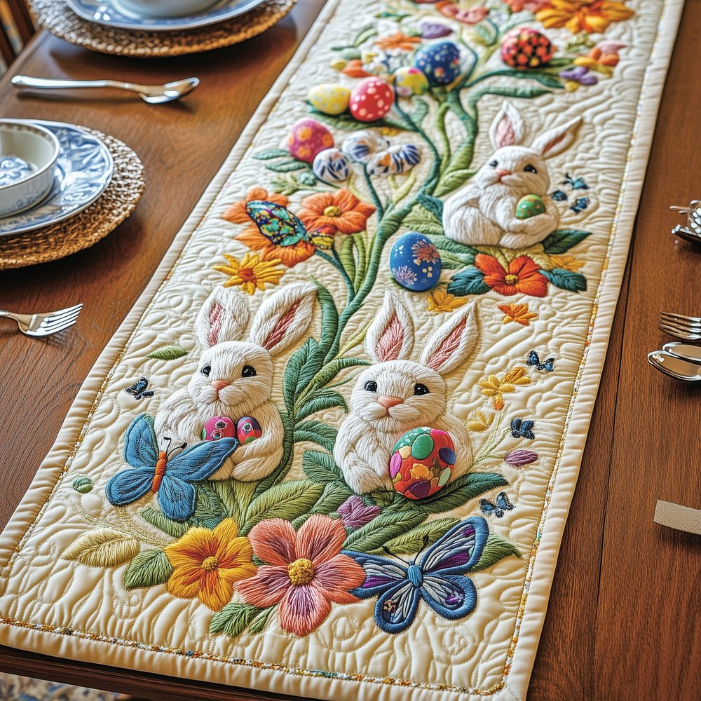 White Bunnies with Eggs and Blossoms Table Runner - Made to Order TABLE928