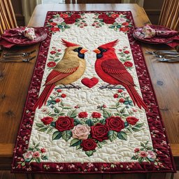Two Cardinals over Rose Bouquet Table Runner - Made to Order TABLE928