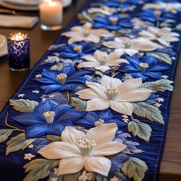 White and Blue Lilies on Navy Table Runner - Made to Order TABLE928