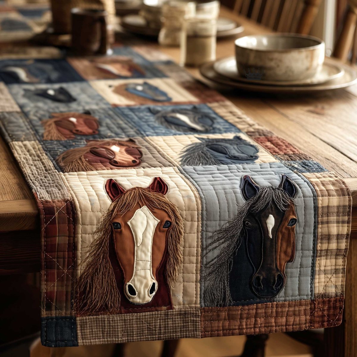 Two Horse Heads on Plaid Patchwork Table Runner - Made to Order TABLE928