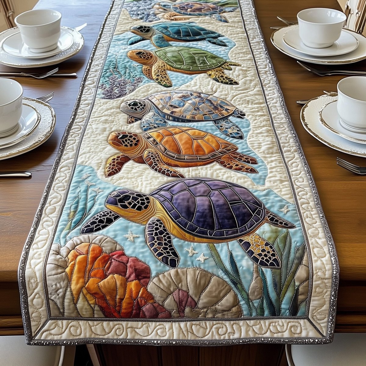 Turtles over Coral in Cream Sea Table Runner - Made to Order TABLE928