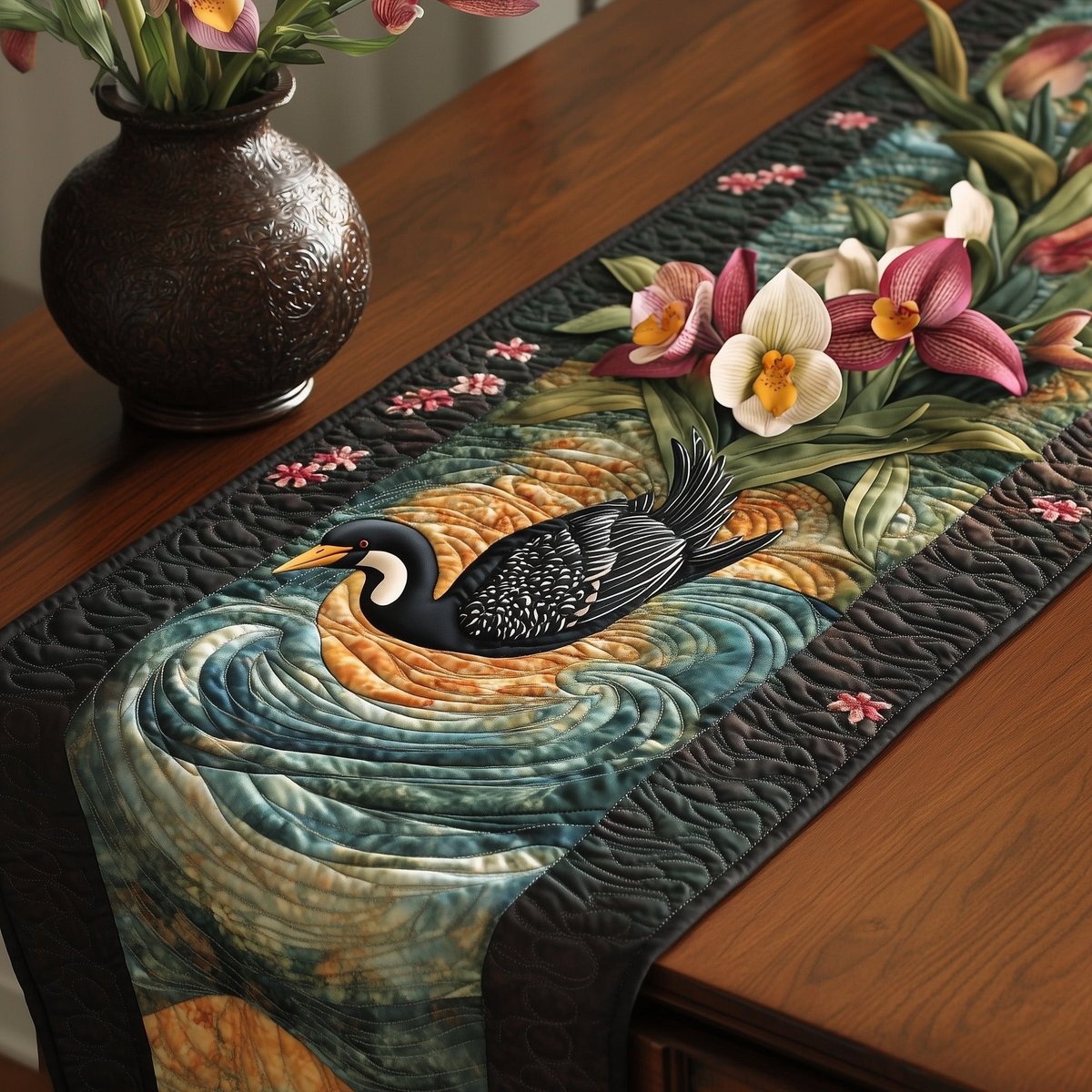 Two Loons on Dark Swirling Water Table Runner - Made to Order TABLE928