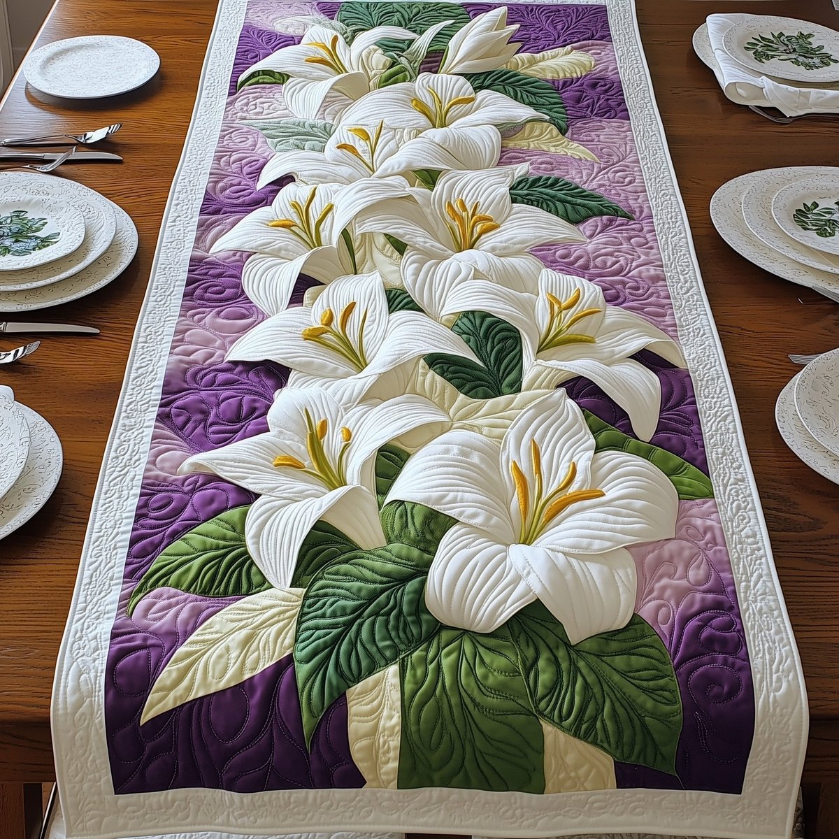 White Lilies with Purple Border Table Runner - Made to Order TABLE928