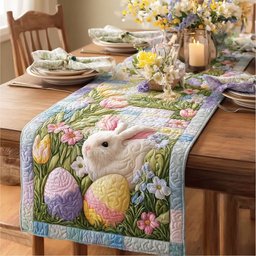 White Bunny with Pastel Eggs in Grass Table Runner - Made to Order TABLE928
