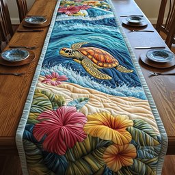 Two Sea Turtles over Tropical Flowers Table Runner - Made to Order TABLE928