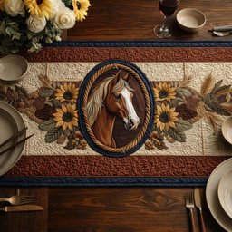 White Horse Oval with Sunflowers Table Runner - Made to Order TABLE928