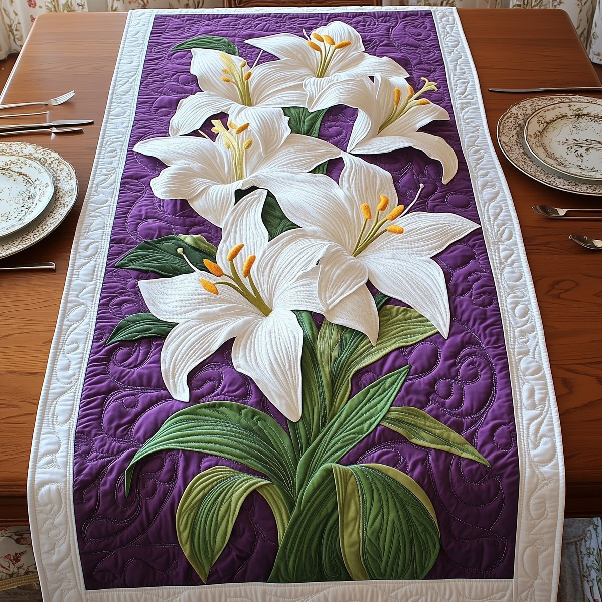 White Lilies on Purple Panel Table Runner - Made to Order TABLE928