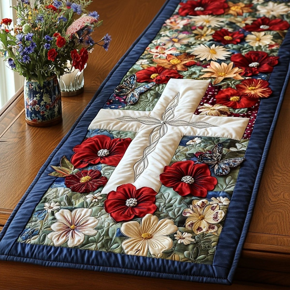 White Cross with Poinsettia and Lilies Table Runner - Made to Order TABLE928