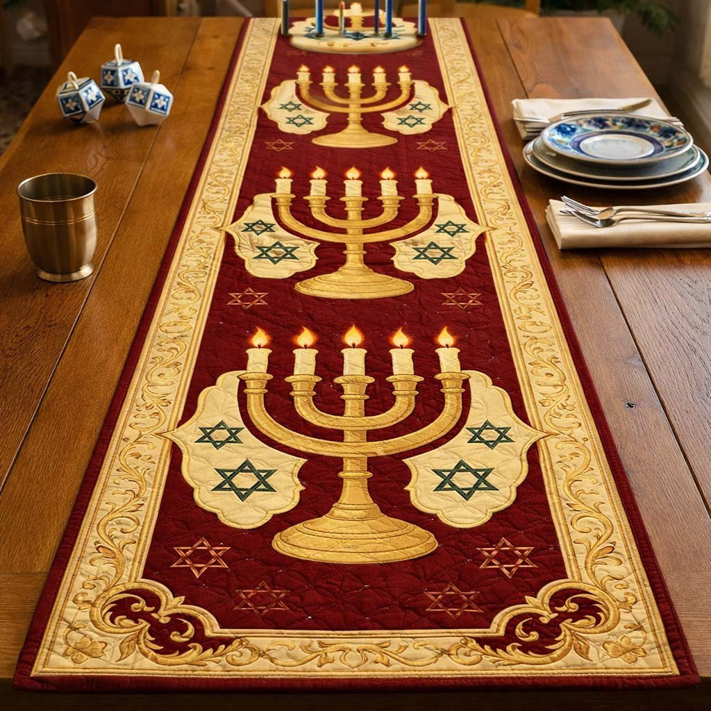 Two Menorahs on Red Panel Table Runner - Made to Order TABLE928