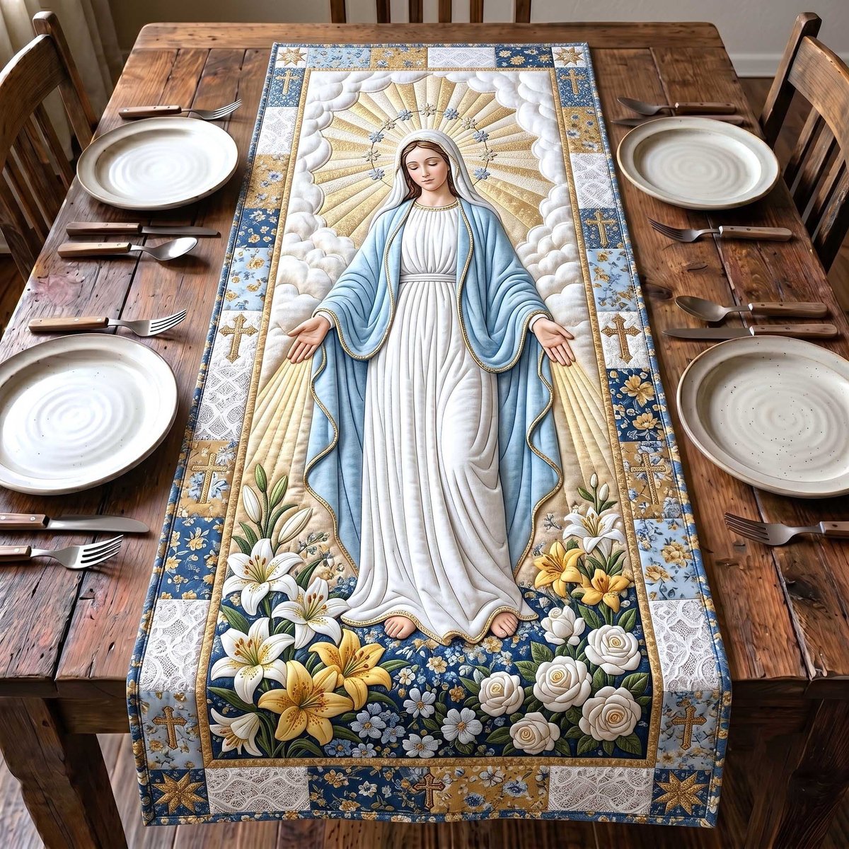 Virgin Mary with White Lilies Table Runner - Made to Order TABLE928