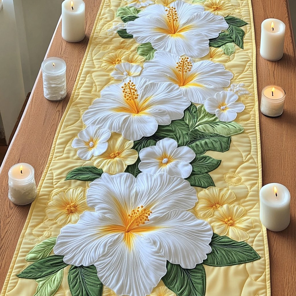 White Hibiscus on Green Leaves Table Runner - Made to Order TABLE928
