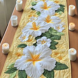 White Hibiscus on Green Leaves Table Runner - Made to Order TABLE928