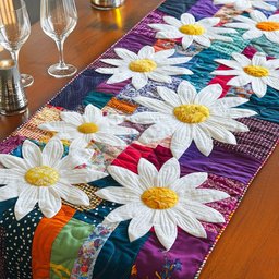 White Daisies on Bright Patchwork Table Runner - Made to Order TABLE928