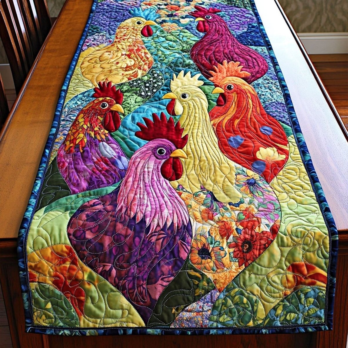 Vivid Rooster in Pink and Purple Table Runner - Made to Order TABLE928