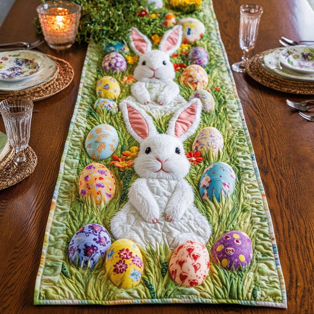 White Bunny with Colorful Eggs Table Runner - Made to Order TABLE928
