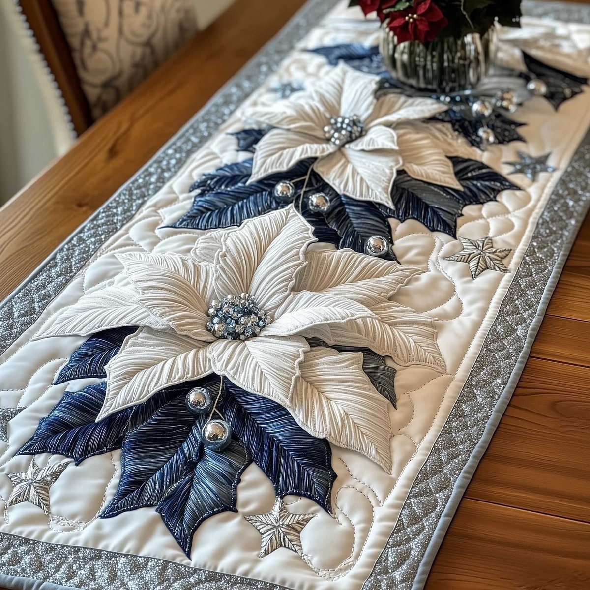 White and Blue Poinsettias Table Runner - Made to Order TABLE928