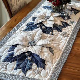 White and Blue Poinsettias Table Runner - Made to Order TABLE928