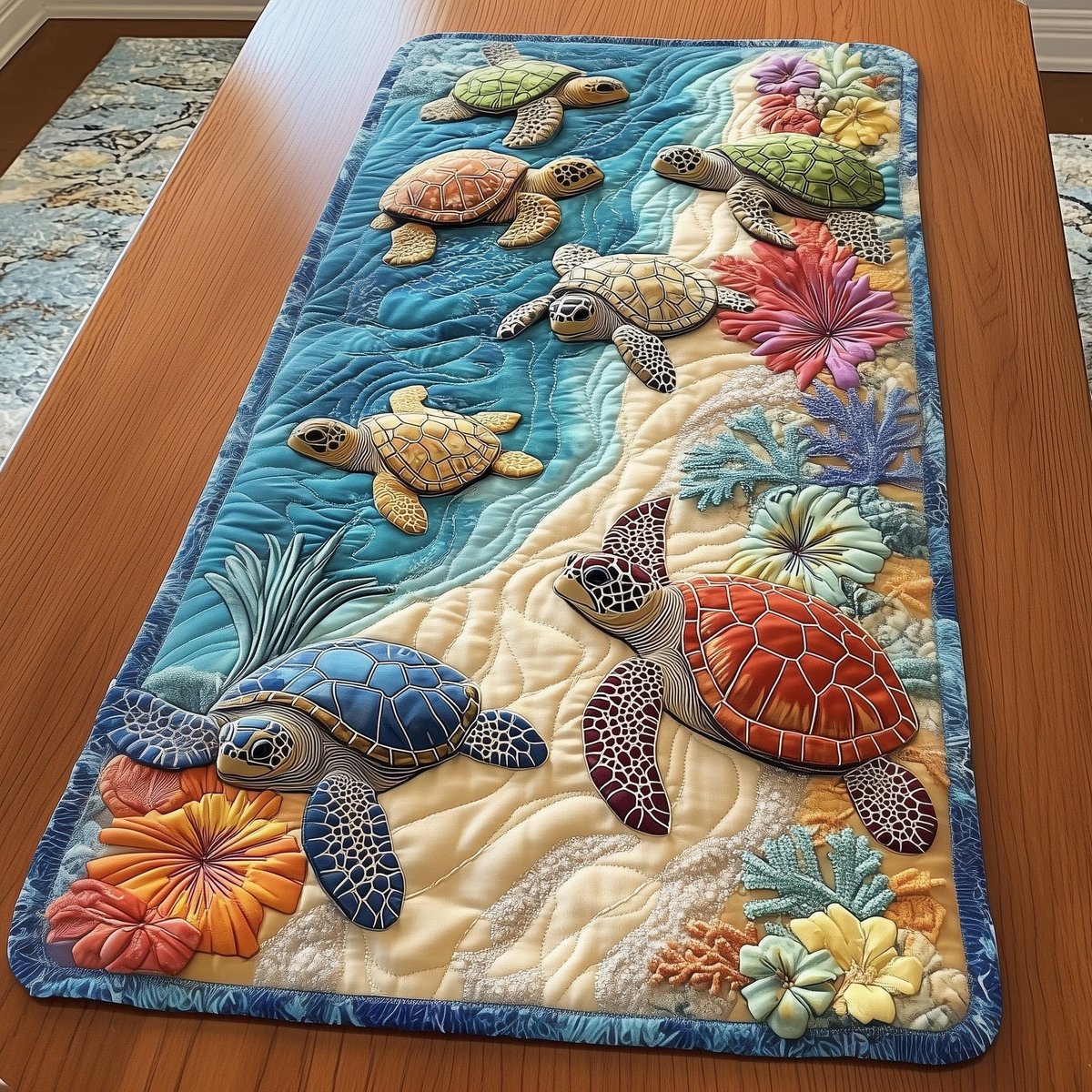 Turtles Swimming over Pale Sand Table Runner - Made to Order TABLE928