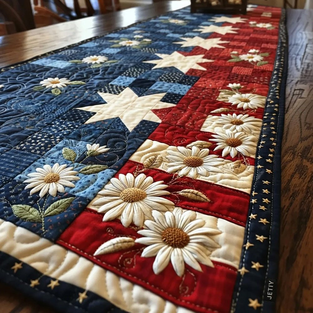 White Daisies on Flag Quilt Blocks Table Runner - Made to Order TABLE928