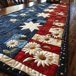 White Daisies on Flag Quilt Blocks Table Runner - Made to Order TABLE928