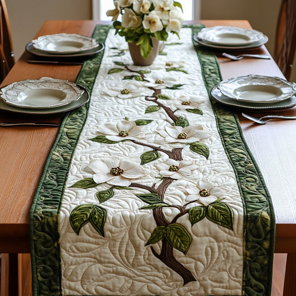 White Dogwood Vine with Green Edging Table Runner - Made to Order TABLE928