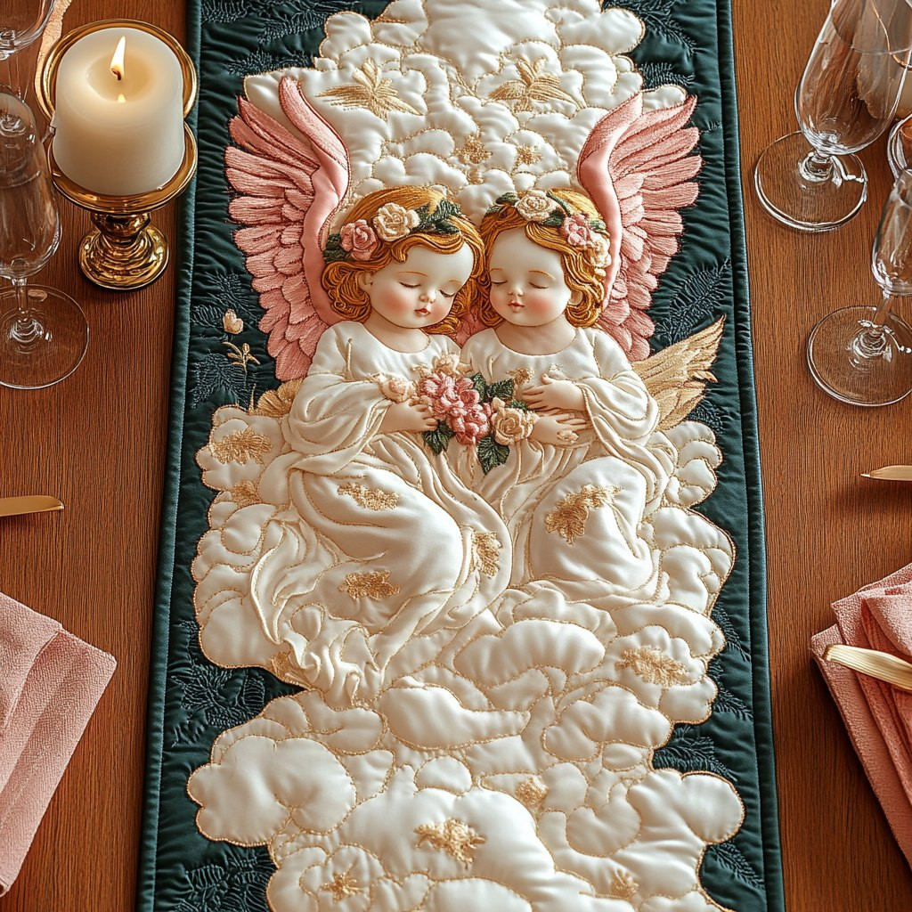Two Angel Babies in Clouds Table Runner - Made to Order TABLE928