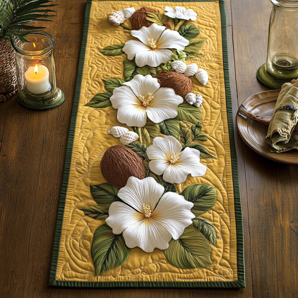 White Hibiscus on Yellow Ground Table Runner - Made to Order TABLE928