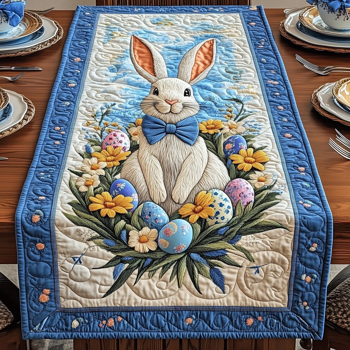 White Bunny with Blue Bow and Eggs Table Runner - Made to Order TABLE928