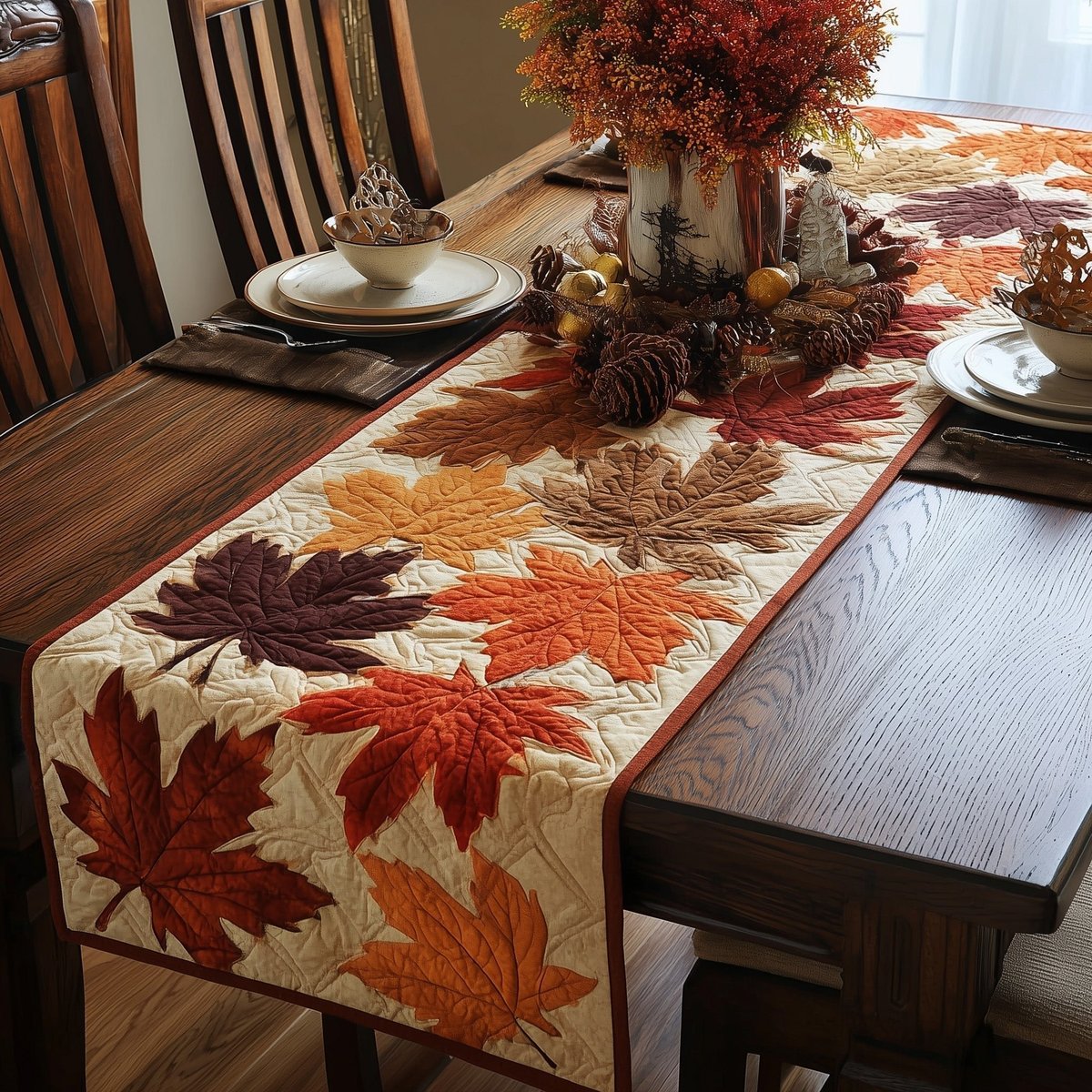 Warm Toned Leaves on Cream Table Runner - Made to Order TABLE928