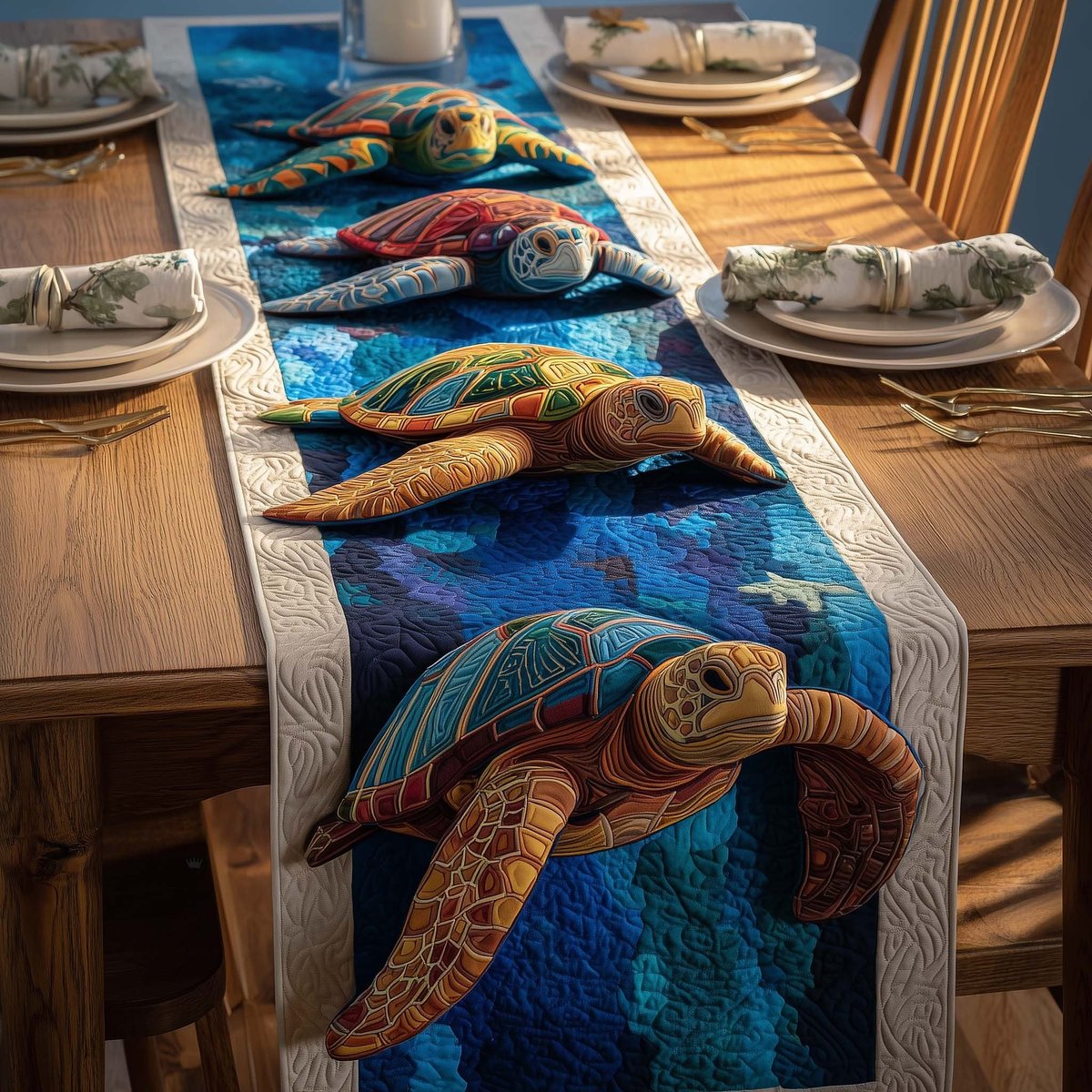 Turtles on Blue Ocean Stripes Table Runner - Made to Order TABLE928