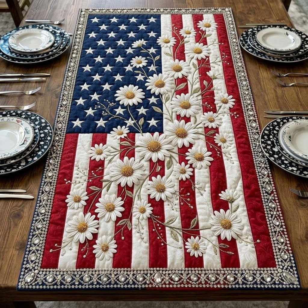 White Daisies on the Flag Table Runner - Made to Order TABLE928