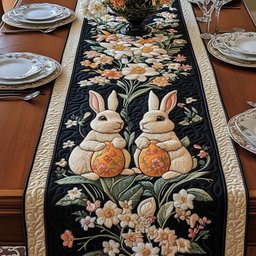Two Bunnies with Orange Eggs on Black Table Runner - Made to Order TABLE928