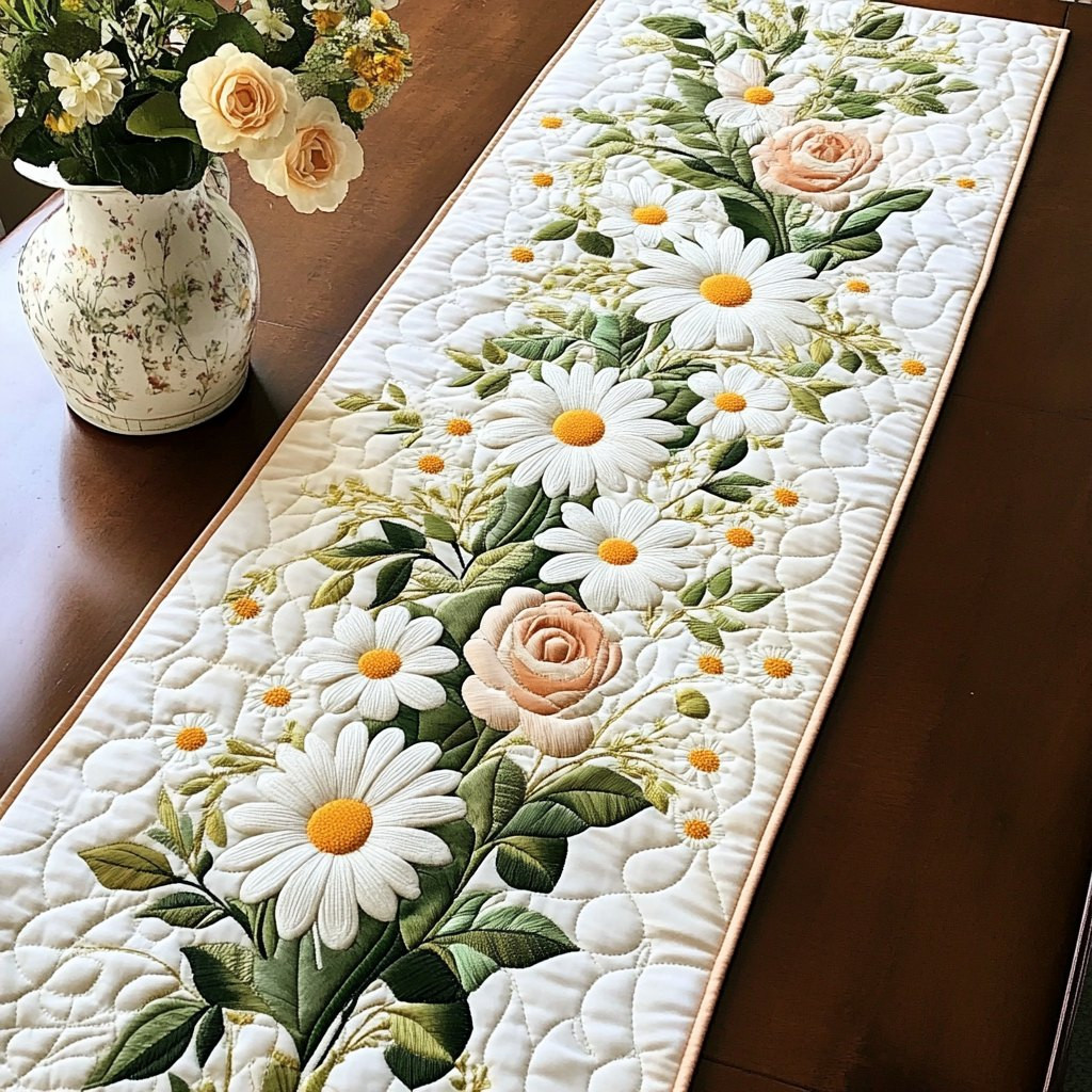 White Daisies with a Cream Rose Table Runner - Made to Order TABLE928