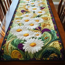 White Daisies on Green Swirls Table Runner - Made to Order TABLE928