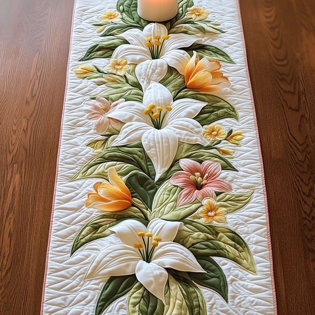 White Lilies with Peach Buds Table Runner - Made to Order TABLE928