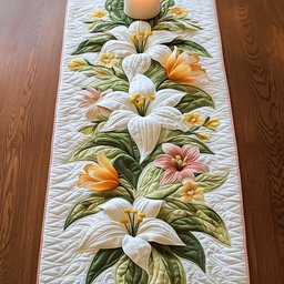 White Lilies with Peach Buds Table Runner - Made to Order TABLE928