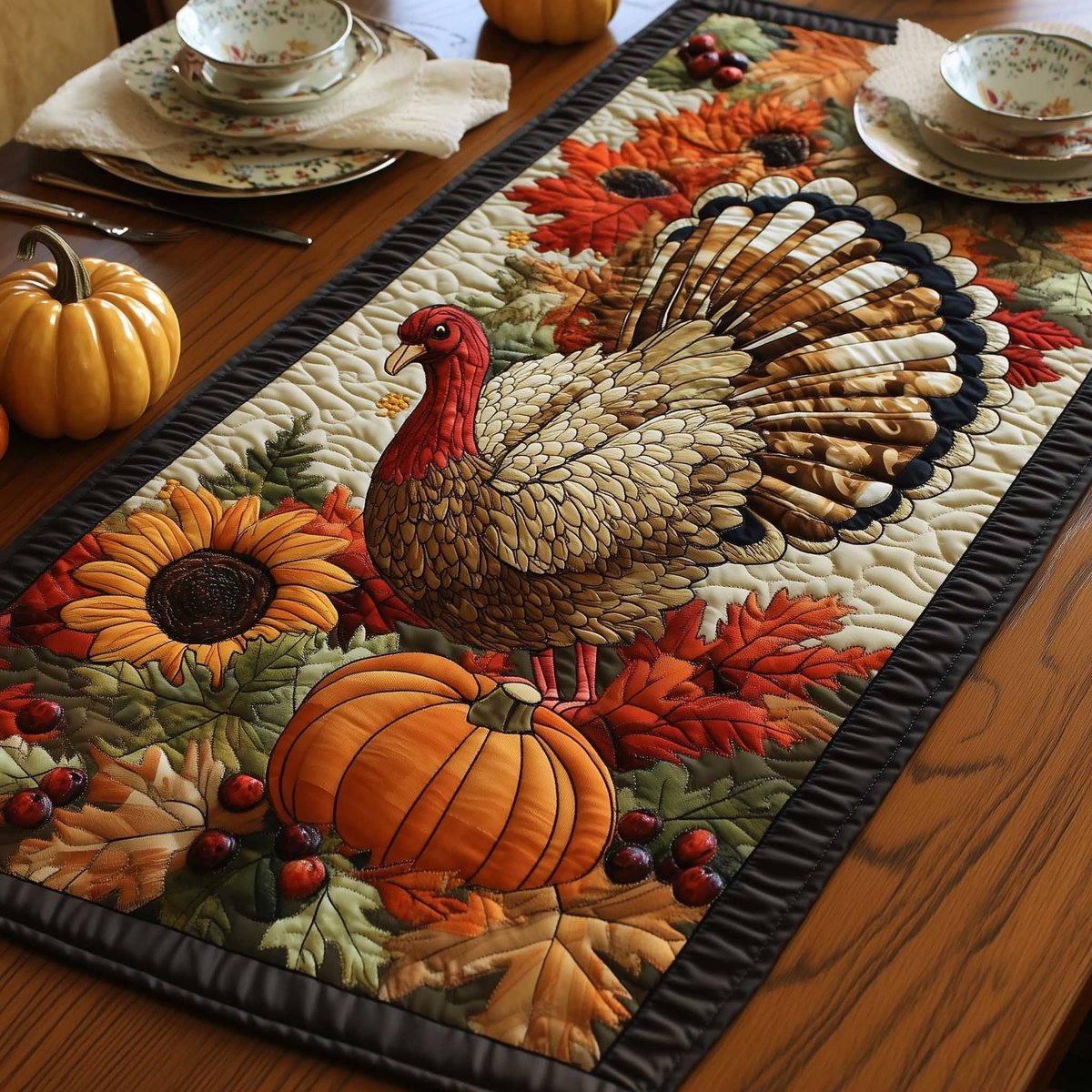 Turkey with Pumpkins and Sunflower Table Runner - Made to Order TABLE928