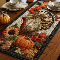 Turkey with Pumpkins and Sunflower Table Runner - Made to Order TABLE928