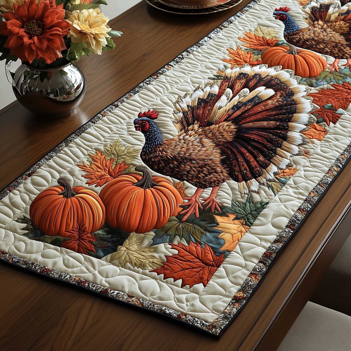 Turkey with Pumpkins on Cream Table Runner - Made to Order TABLE928