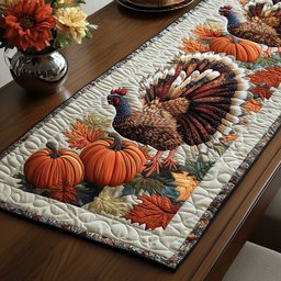 Turkey with Pumpkins on Cream Table Runner - Made to Order TABLE928