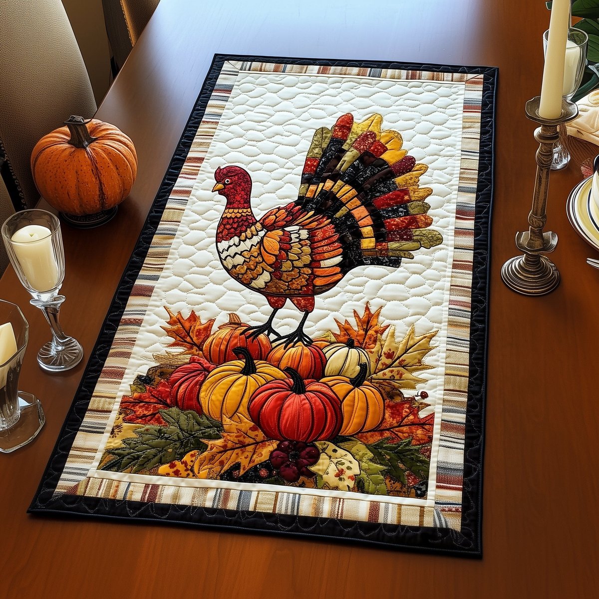 Turkey with Pumpkins on Stripes Table Runner - Made to Order TABLE928
