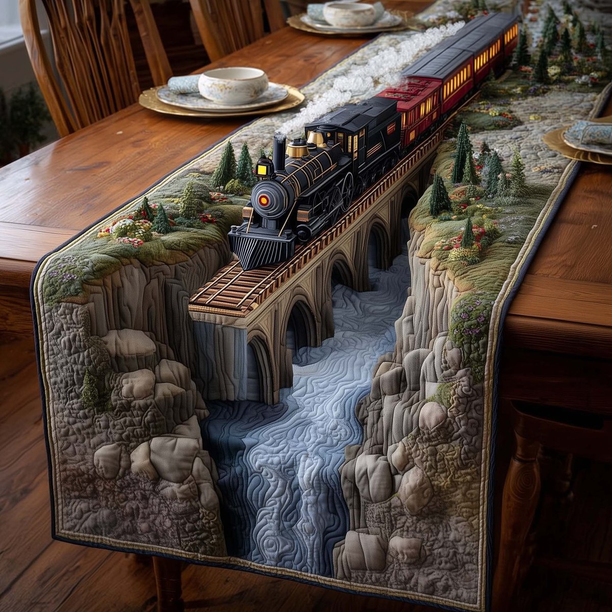 Train on Stone Bridge Over Gorge Table Runner - Made to Order TABLE928