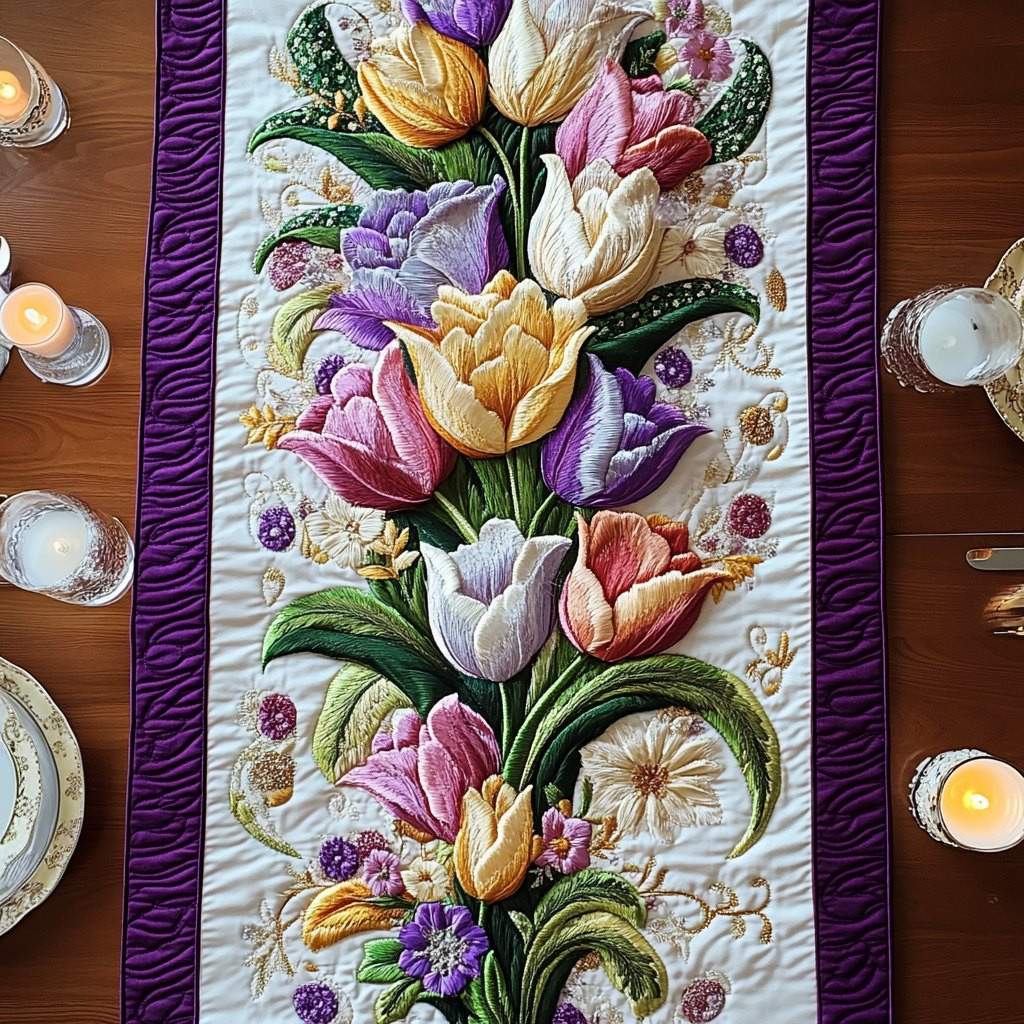 Tulips and Irises with Purple Border Table Runner - Made to Order TABLE928