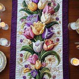 Tulips and Irises with Purple Border Table Runner - Made to Order TABLE928