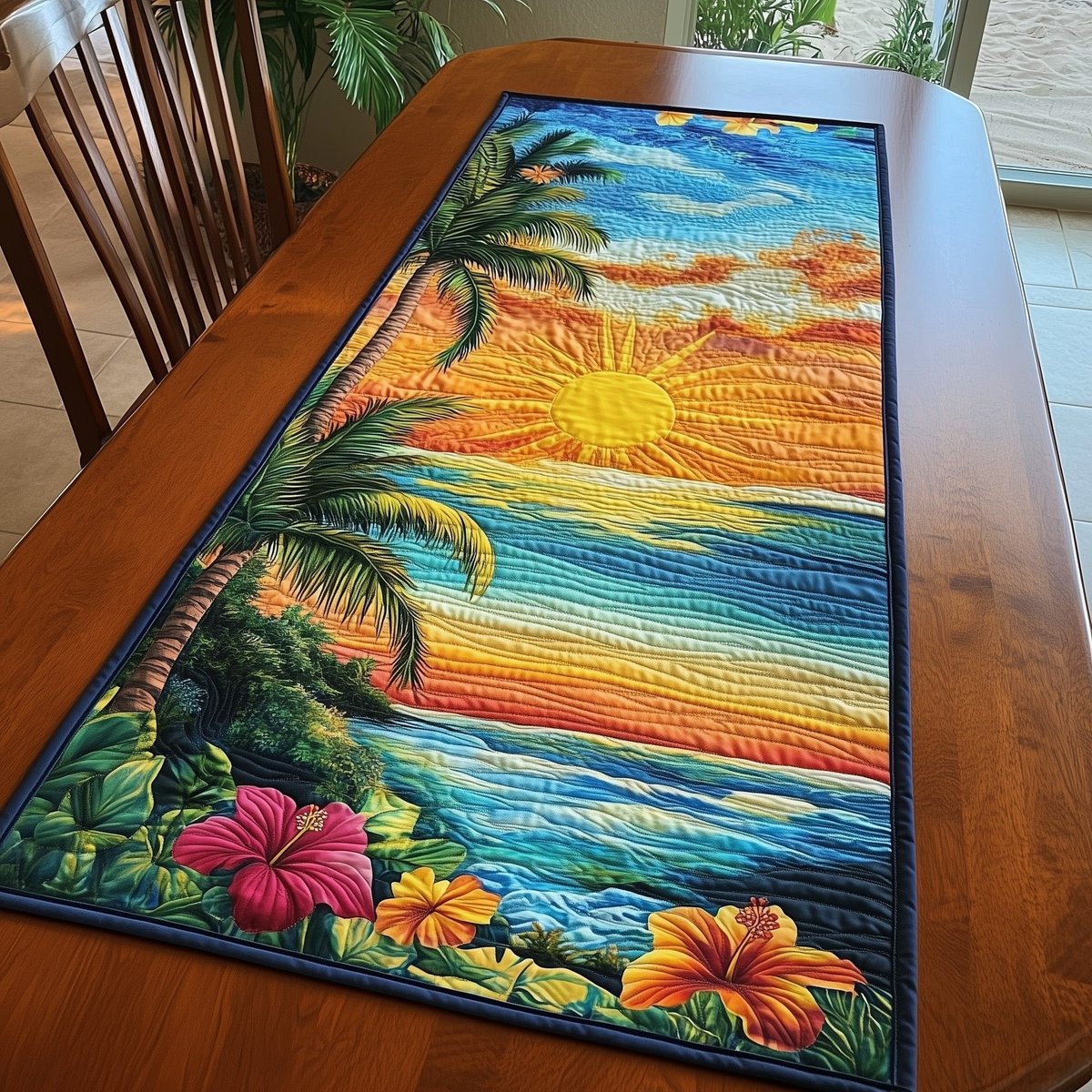 Tropical Sunset with Hibiscus and Palms Table Runner - Made to Order TABLE928