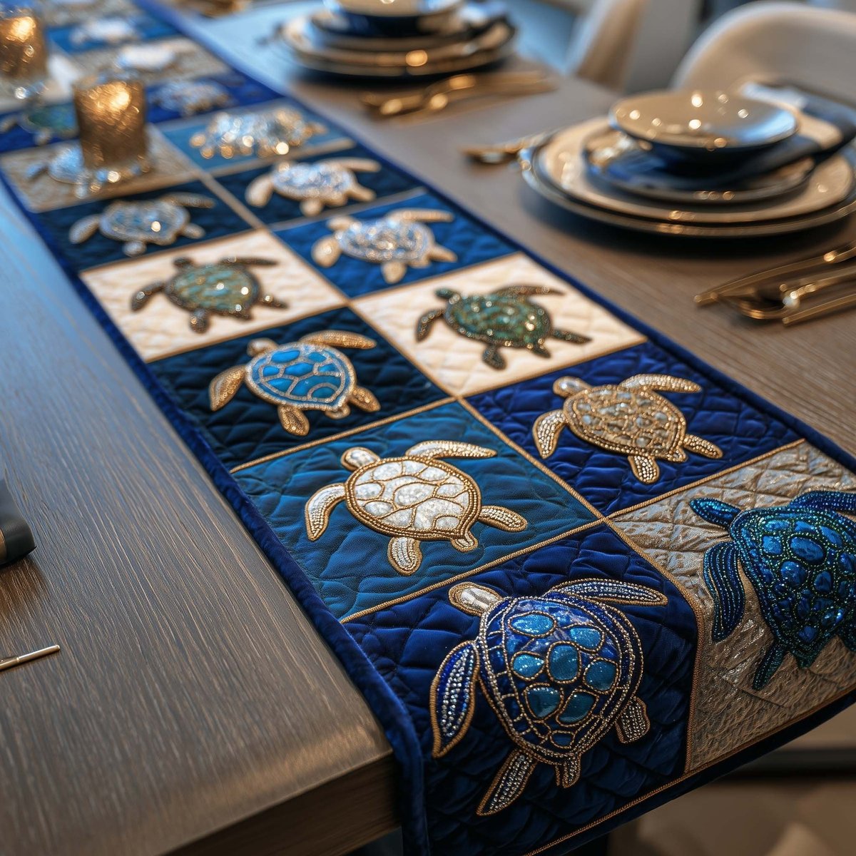 Turtle Squares on Deep Blue Table Runner - Made to Order TABLE928