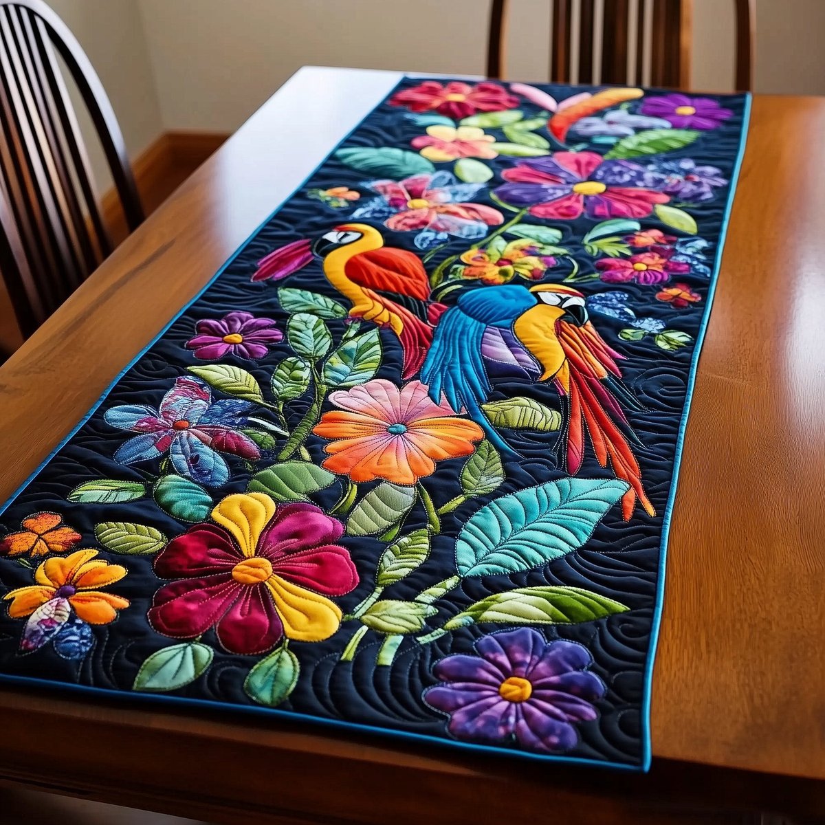 Tropical Birds and Blooms on Black Table Runner - Made to Order TABLE928