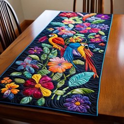 Tropical Birds and Blooms on Black Table Runner - Made to Order TABLE928
