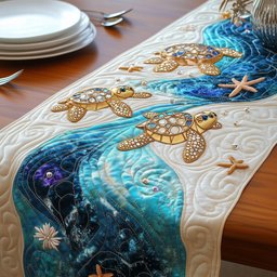 Turtle Family on Curving Shoreline Table Runner - Made to Order TABLE928