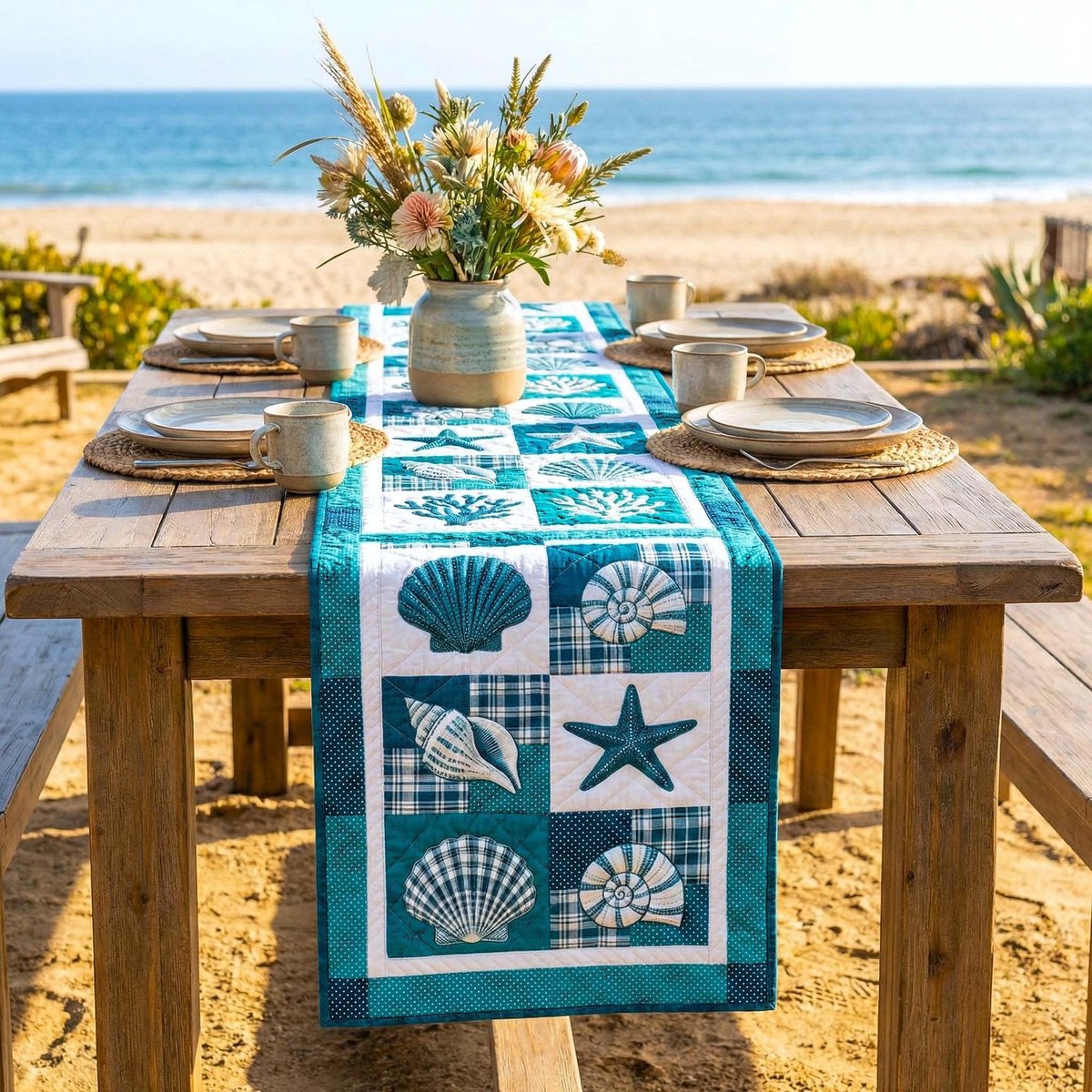 Turquoise and White Shell Blocks Table Runner - Made to Order TABLE928